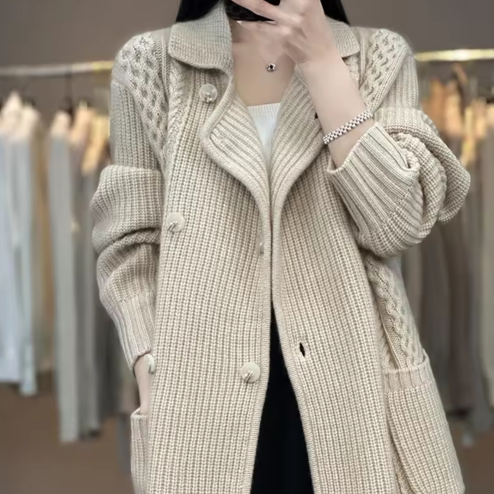 cardigan women's lace-up suit collar thick loose mid-length  sweate - Picture 8 of 9